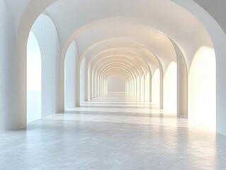 Obraz premium sunlit white arched corridor with repeating vaulted arches, arched openings and reflective polished floor conveying a calm, serene and infinite atmosphere