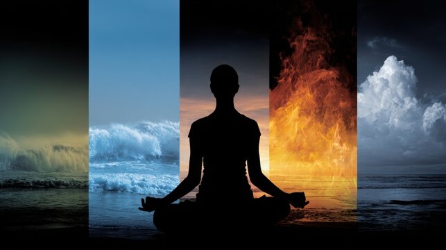 Serenity Through Elements: A silhouette of a person meditating in front of five elemental forces, embodying the harmony between the human spirit and nature's raw power.