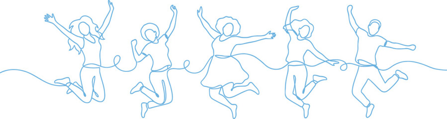 Group of happy people jumping and playing with jump rope outdoors together freely © Ranasa