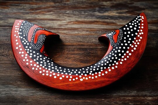hand-carved wooden boomerang painted red and black with white dot pattern on rustic wooden surface, warm handcrafted traditional feel