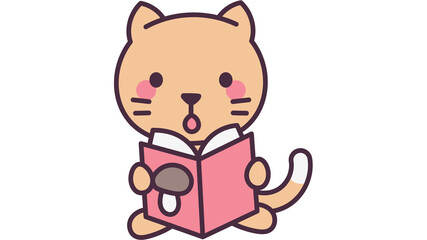 Fototapeta premium Cute Cat Reading Book Cartoon Illustration - Adorable cartoon cat sitting and reading a green book, isolated on black background. Cute animal character illustration perfect for children education, sto