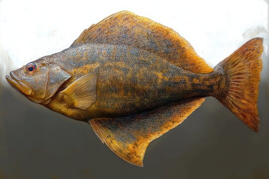 side profile of a mottled orange-brown flatfish with elongated dorsal and anal fins and fan tail on a neutral background, calm stillness