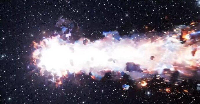Epic space explosion with debris and bright cosmic light show