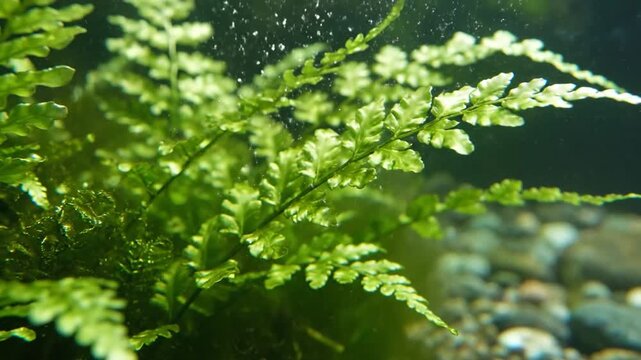 Underwater green fern plant growing in clear water with pebbles