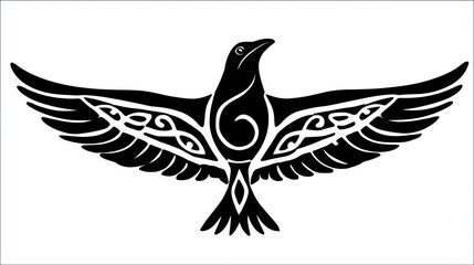 Obraz premium Mystical Raven Emblem: A stylized raven design with spread wings, elegantly adorned with intricate patterns, symbolizing freedom and the mysteries of the natural world.