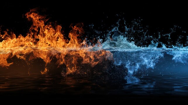 Fire and Water Fusion: A dramatic fusion of fire and water, with flames dancing beside a dynamic wave of water. Symbolizing opposing forces merging in a display of raw power and elemental contrast.