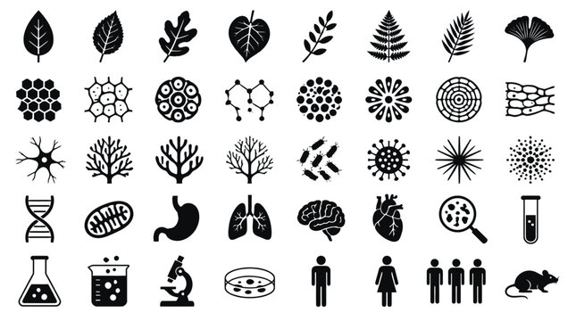 Biology Science Symbols with Leaves Cells Organs Lab Equipment and Human Figures