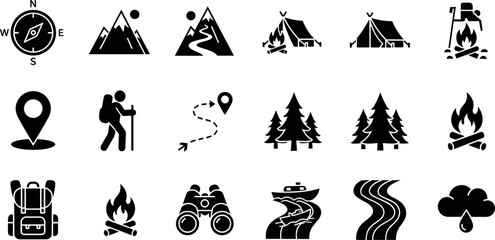 Camping and hiking icon set with tent campfire backpack route map compass mountains and outdoor adventure symbols solid vector illustration © MstAduri
