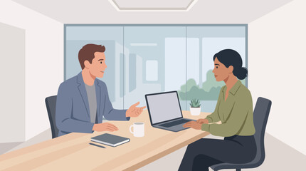 Fototapeta premium Job interview business meeting vector flat illustration with colleagues in modern corporate office