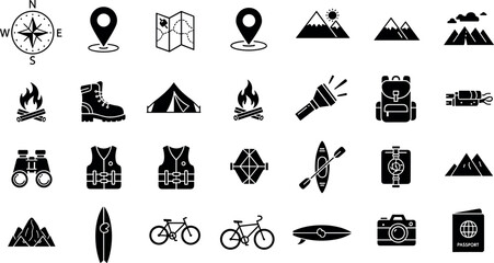 Camping and outdoor adventure icon set with map compass tent backpack kayak mountain and travel equipment symbols solid vector illustration © MstAduri