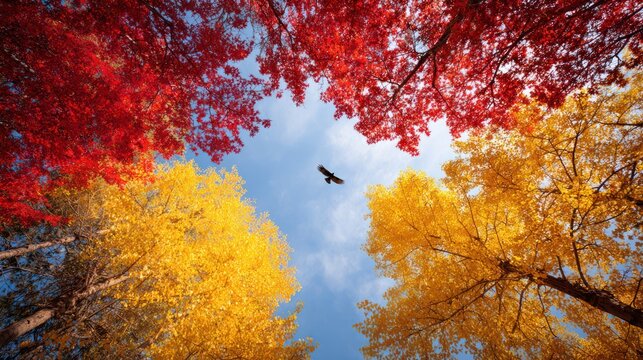 Autumn Canopy: A breathtaking perspective looking upwards reveals a mesmerizing dance of colors as the crowns of trees explode in hues of red, orange, and yellow against a brilliant blue sky.