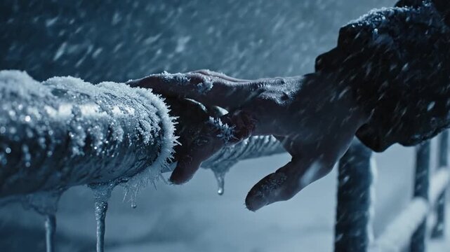 A hand gripping a frozen railing with ice and snow falling around it