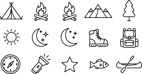 Camping and outdoor adventure icon set with tent campfire mountains backpack compass and nature symbols in outline vector style © MstAduri