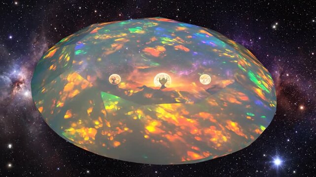 Giant opal sphere reflecting a cosmic galaxy with silhouetted figures