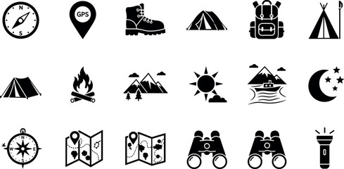 Camping and outdoor adventure icons set flat vector collection with tent backpack compass fire landscape and travel symbols © MstAduri