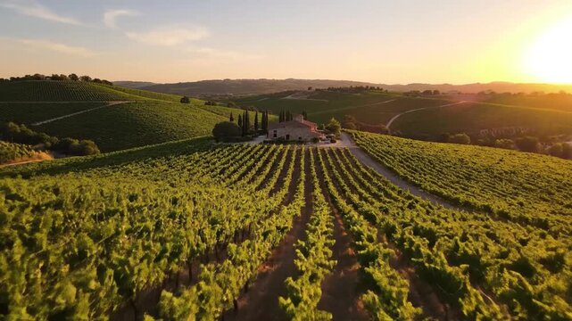 Golden sunset illuminates a Tuscan vineyard estate with rolling hills