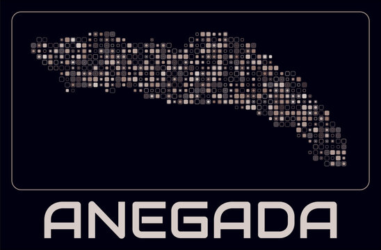 Anegada digital style map. Small roundedSquare dots on dark background. Dotted shape of the island. Anegada map and title. Awesome vector illustration.