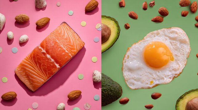 Nutritional Feast: A vibrant display of wholesome food staples&mdash;salmon, almonds, avocado, and an egg&mdash;each a cornerstone of a balanced diet, arranged artistically against a colorful backdrop