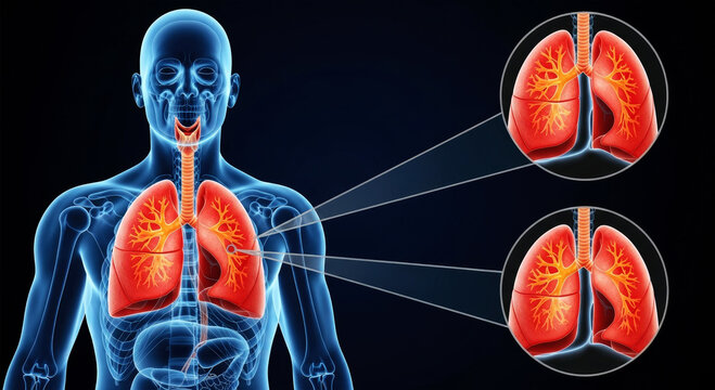 Human anatomy translucent blue body showing red lungs and trachea with magnified lung details