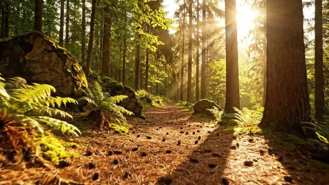 Sunlight filtering through the trees onto a forest path