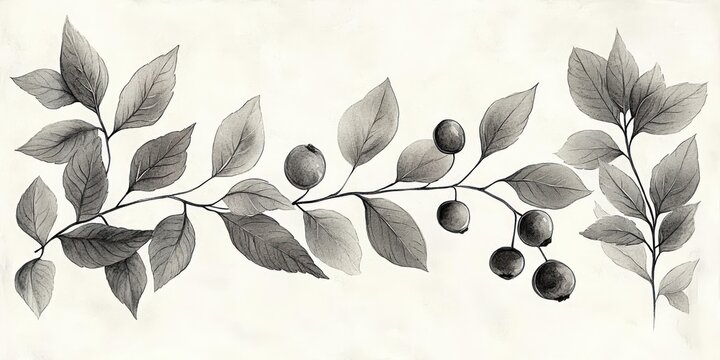 delicate monochrome botanical branches with leaves and small round berries, calm and elegant