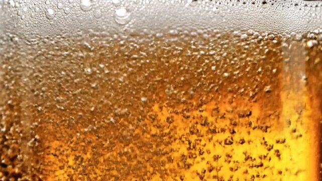 Close up of effervescent beer bubbles and foam in a glass