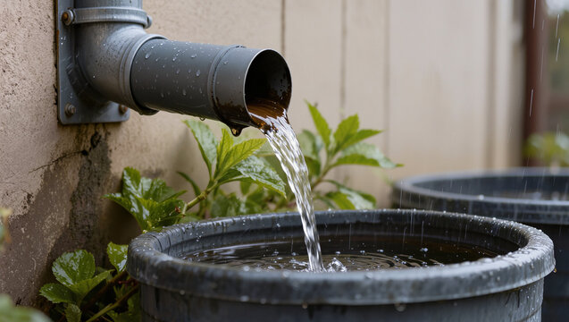 close up of rainwater flowing from drainpipe into collection barrel beside house wall, water conservation, rain harvesting and sustainable home resource management concept