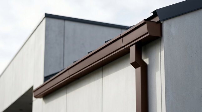 Brown Rain Gutter and Downspout Installed on a Modern Building Wall