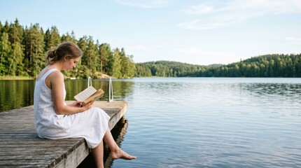 Fototapeta premium Young woman reading a book on a wooden dock by a calm lake in summer