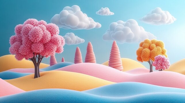 dreamy pastel landscape with rolling blue, pink and yellow hills, fluffy clouds, pink and orange puffball trees and spiral cone trees, whimsical and serene