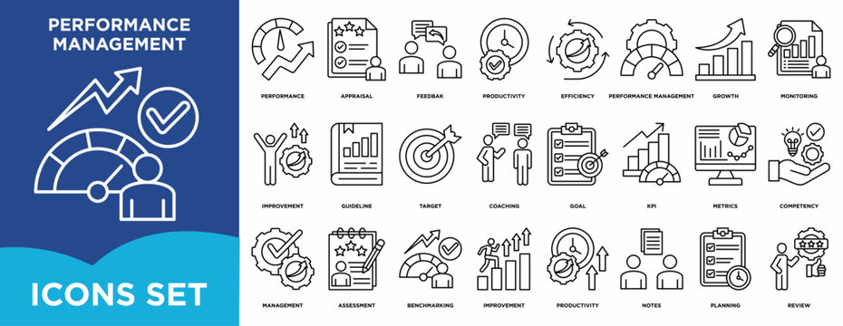 Performance management icon set illustrating performance, appraisal, feedbak, benchmarking, improvement, productivity