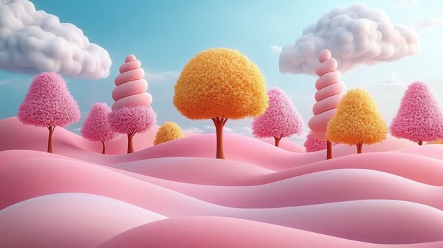 Whimsical pastel landscape with rolling pink hills, fluffy yellow and pink stylized trees, spiral cone trees and puffy clouds under a soft blue sky, evoking dreamlike serenity