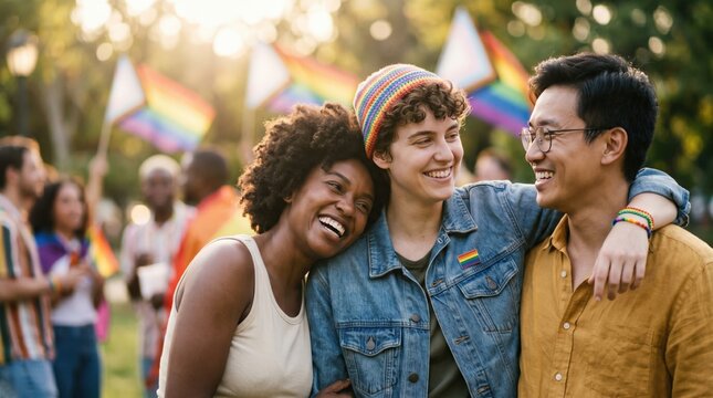 Diverse Young Friends Celebrating Pride Together at Outdoor Community Festival