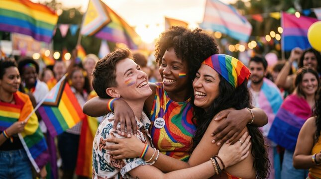 Diverse Young Adults Celebrating Pride Festival Together Outdoors