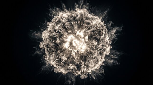 Powerful abstract explosion of white smoke creating a circular shockwave pattern isolated against a dark black background setting