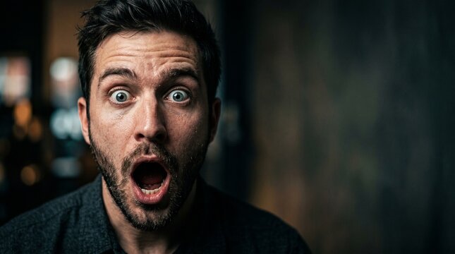 Shocked young man with wide eyes and open mouth looking directly at the camera with a surprised facial expression