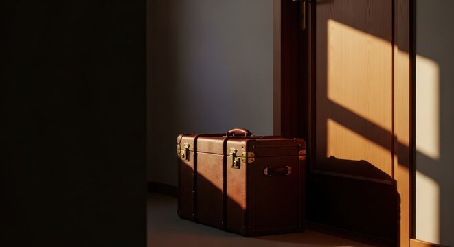 Warmly Lit Luggage Ready for Departure Anticipation of Journeys  Adventure. Leather Suitcase in Sunlit Hallway Evokes Travel Dreams Home Departure and the Allure of Exploration