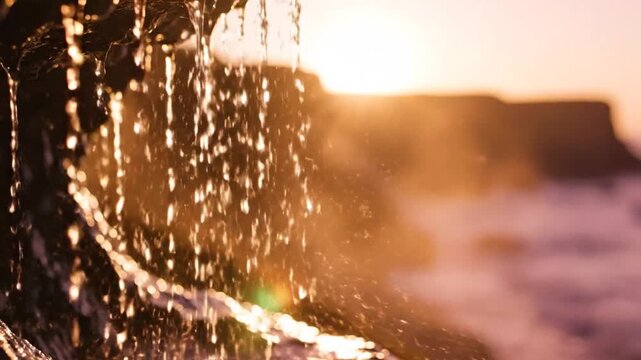Water cascading down rocks at sunset with golden light