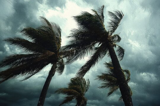 Towering palm trees bent by strong wind beneath dark, turbulent storm clouds, moody and foreboding atmosphere