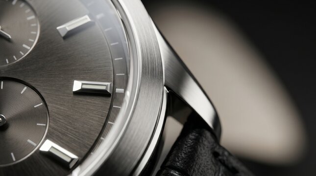 Close up of a luxury mechanical wristwatch featuring a dark grey dial with polished silver indices and leather strap details