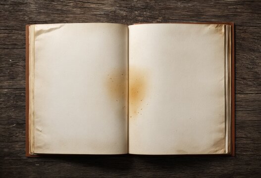 Open antique book with blank aged pages on a rustic wooden table.