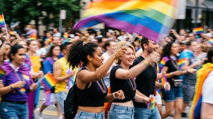 Naklejka premium Diverse Young Adults Celebrating Pride Parade with Rainbow Flags in City Street