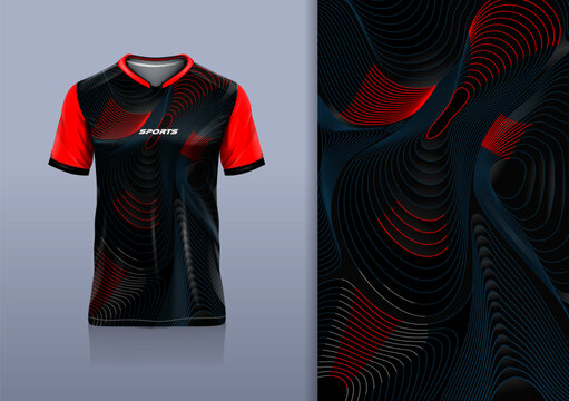 T-shirt mockup with abstract curve lines sport jersey design for football, soccer, racing, esports, running, in red black color