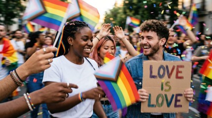 Fototapeta premium Diverse Young Adults Celebrating Pride Parade with Rainbow Flags and Love is Love Sign