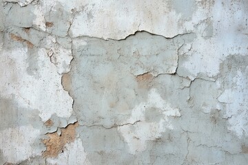 Fototapeta premium aged peeling plaster wall with cracked pale blue and white paint revealing brown underlayer, weathered textured surface evoking neglect and decay