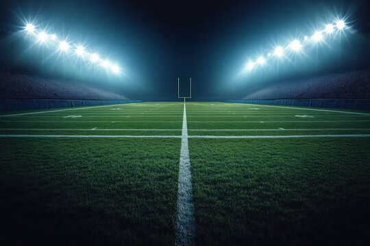 Empty illuminated American football field at night with green turf, white yard lines and centerline leading to distant goalposts beneath bright stadium floodlights, dramatic anticipatory atmosphere