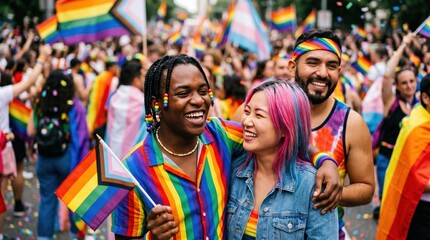 Naklejka premium Diverse Young Adults Celebrating Pride Parade with Rainbow Flags and Joyful Expressions