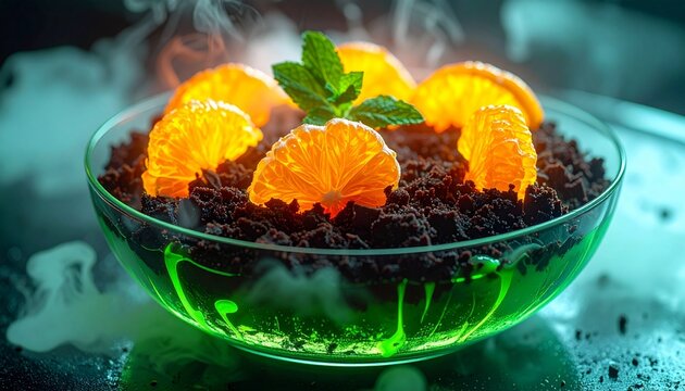 Enigmatic Edibles: An artistic presentation of a culinary creation, with vibrant mandarin orange slices artfully arranged atop a bed of dark, rich soil-like substance. 