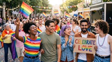 Fototapeta premium Diverse Young Adults Celebrating Pride Parade with Rainbow Flags and Celebrate Love Sign