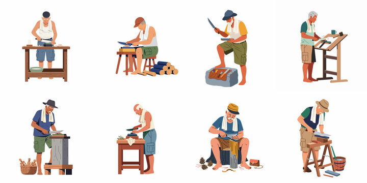 Flat vector illustration collection featuring elderly craftsmen sharpening knives and tools using traditional whetstones at various workstations.